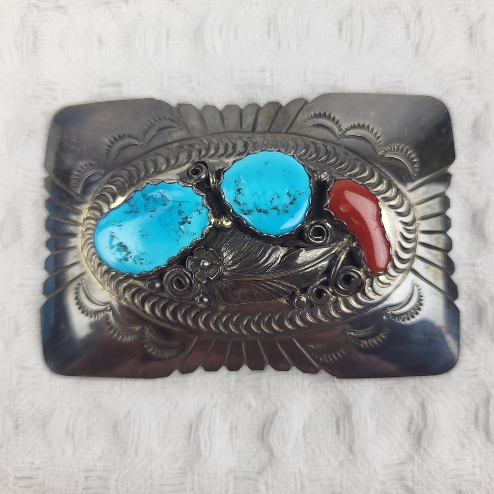 Navajo Sterling Silver Belt Buckle Turquoise Coral Vintage 3"Native American Art